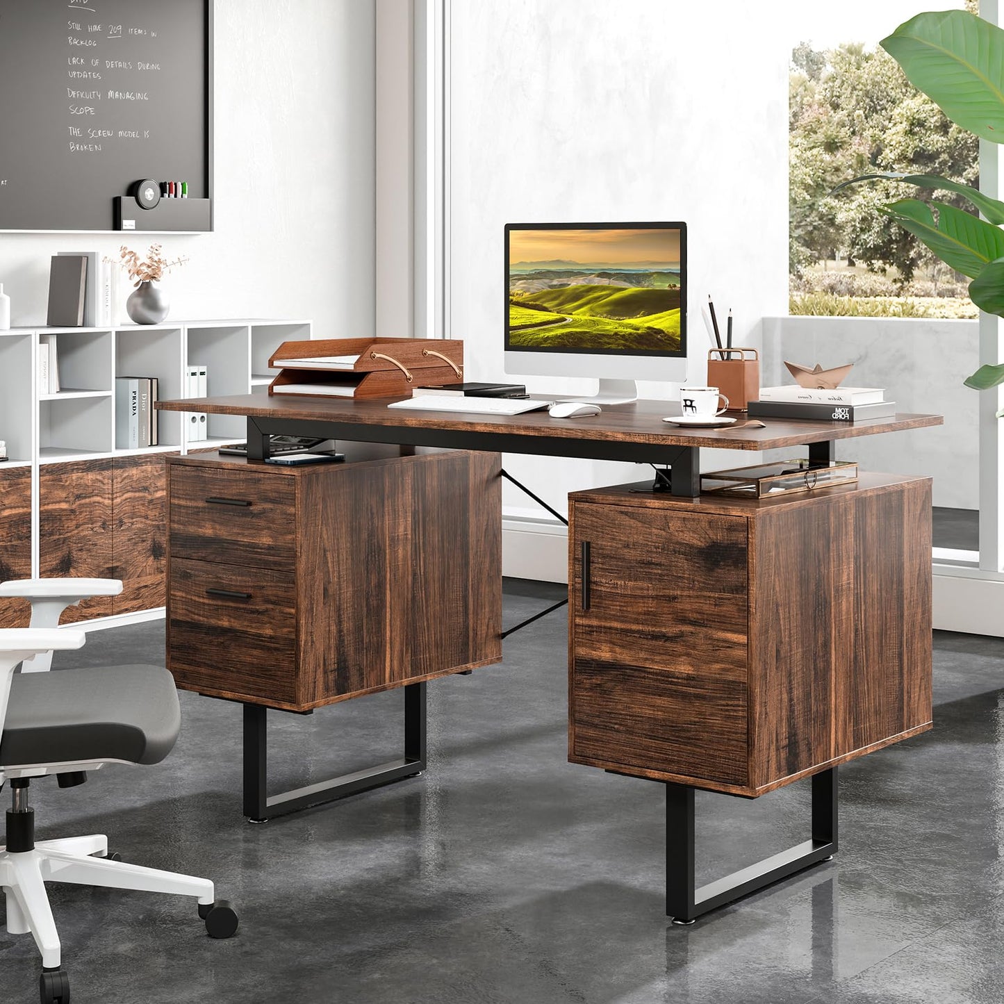 Computer Desk with Floating Desktop and Dual Drawers