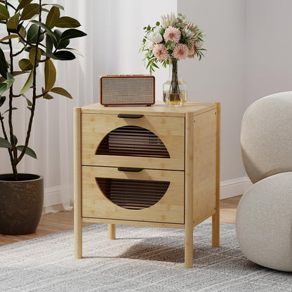 Bamboo Nightstand Mid-century Modern Bedside Table with 2 Storage Drawers