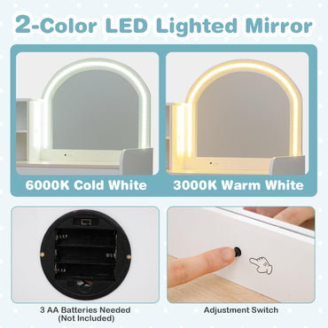 Kids Vanity Table and Stool Set with 2-Color LED Lights Mirror