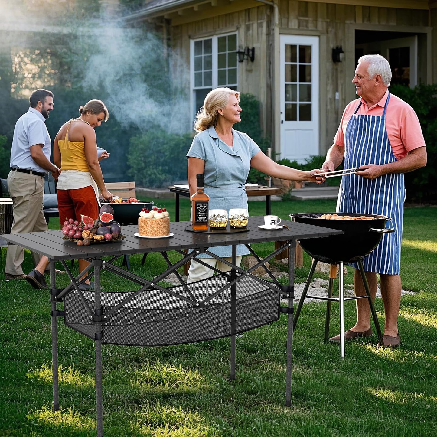 Patio Folding Camping Table Picnic Table with Aluminum Roll-up Tabletop