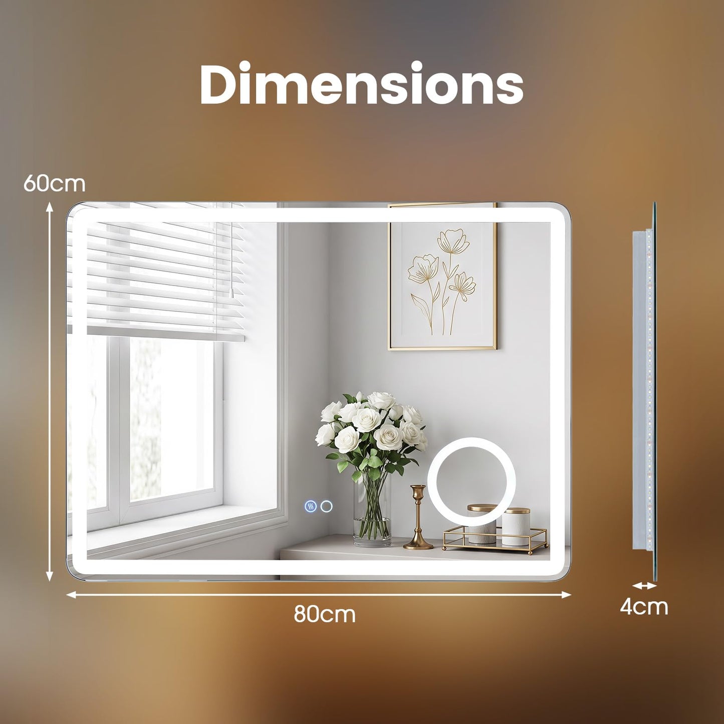 600x800mm Bathroom Mirror with LED Lights, 3x Magnifier, Anti-Fog