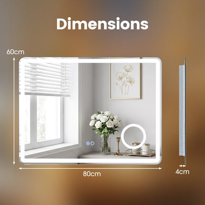 600x800mm Bathroom Mirror with LED Lights, 3x Magnifier, Anti-Fog