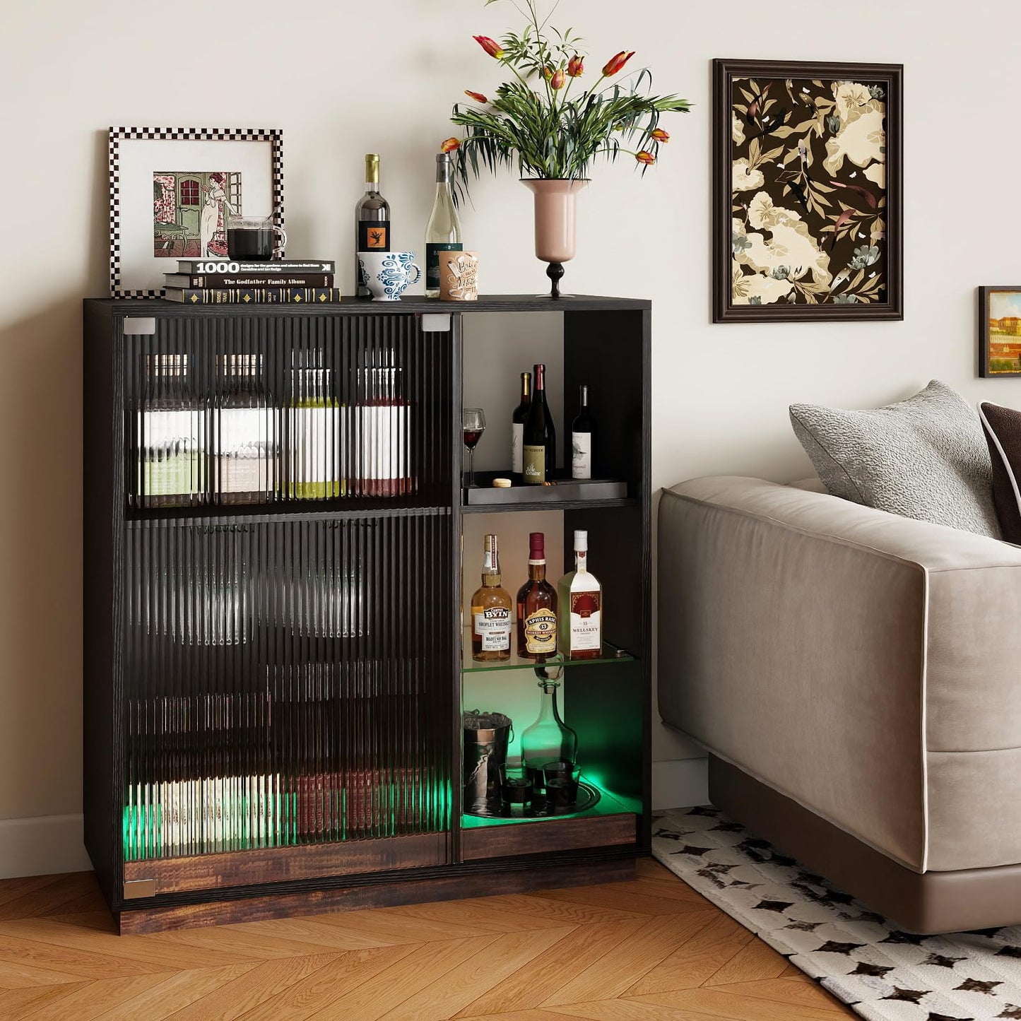 Wine Bar Cabinet with LED Lights, Remote & APP Control