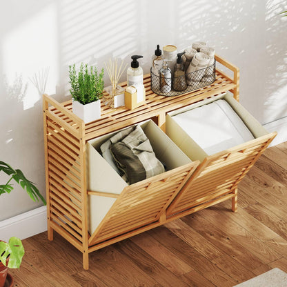 75L Double Tilt-out Laundry Hamper Bamboo with 2 Removable Bins