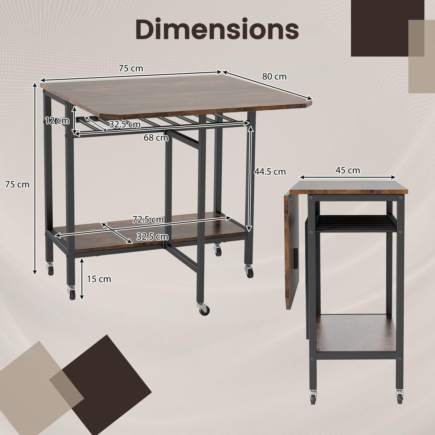 Folding Dining Table, Mobile Kitchen Table with 5 Wheels