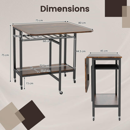 Folding Dining Table, Mobile Kitchen Table with 5 Wheels