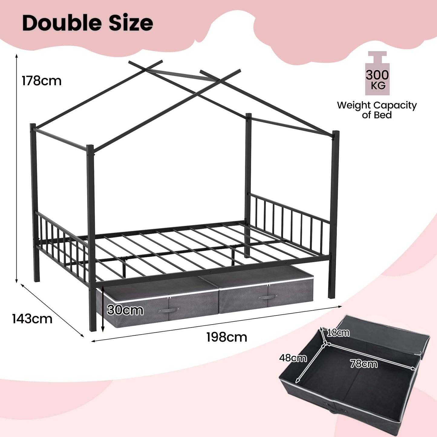 Double Size House Bed with 2 Drawers No Box Spring Needed