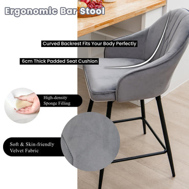 GiantexUK Bar Stools Set of 2, Upholstered Velvet Swivel Barstools with Backrest, Grey