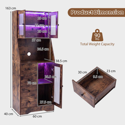 Kitchen Pantry Cabinet with Adjustable LED Lights, 4 Drawers