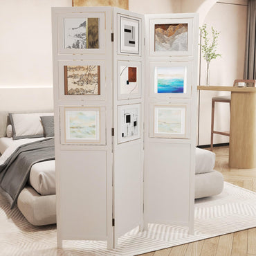 3 Panel Folding Room Divider with 9 Swivel Paulownia Wood Photo Frames