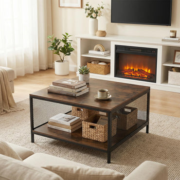 2-Tier Coffee Table, Industrial Square Cocktail Center Table with Open Storage Shelf