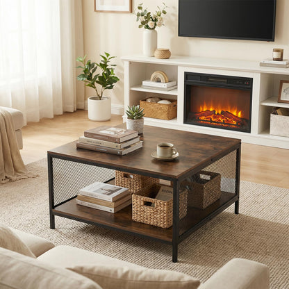 2-Tier Coffee Table, Industrial Square Cocktail Center Table with Open Storage Shelf