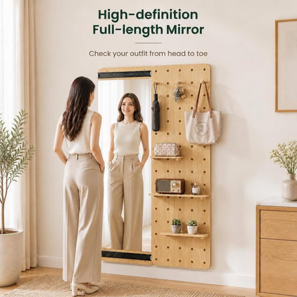 Wall Mounted Full Body Mirror with Sliding Pegboard Storage
