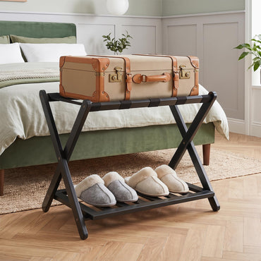 Bamboo Luggage Rack, Folding Suitcase Stand with Straps and Storage Shelf