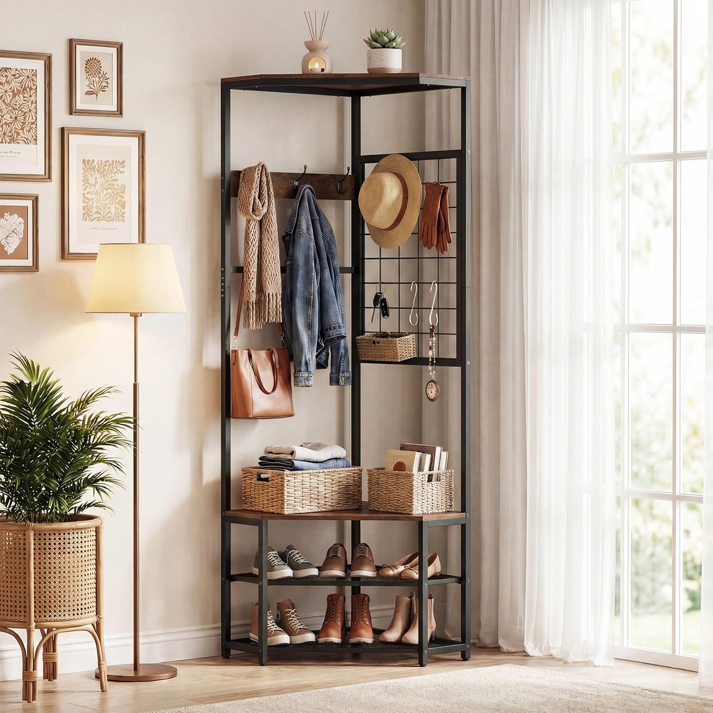 4-in-1 Freestanding Coat Rack with Storage Shelves Removable Hooks and Shoe Racks