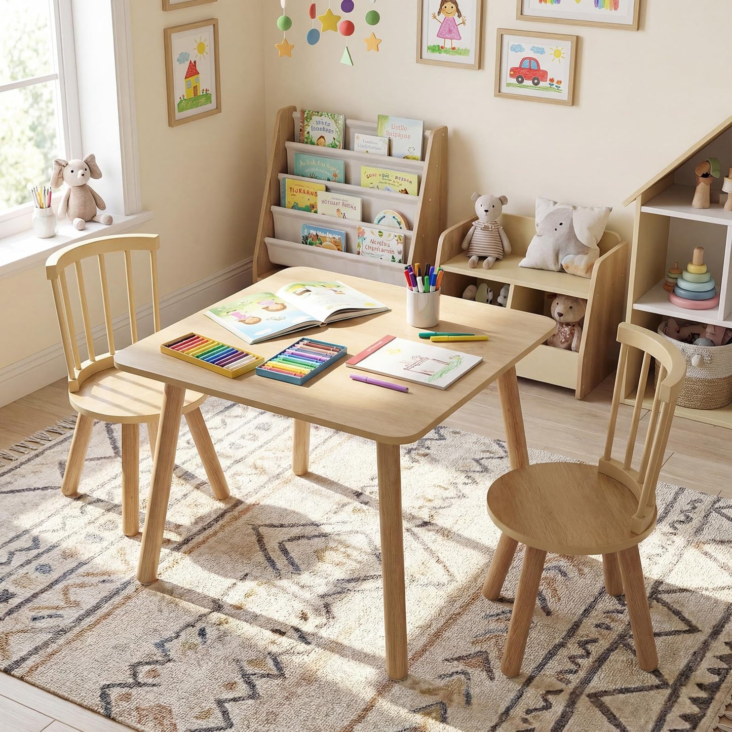 Kids Table and Chair Set, Wooden Toddler Play Table with Solid Wood Legs