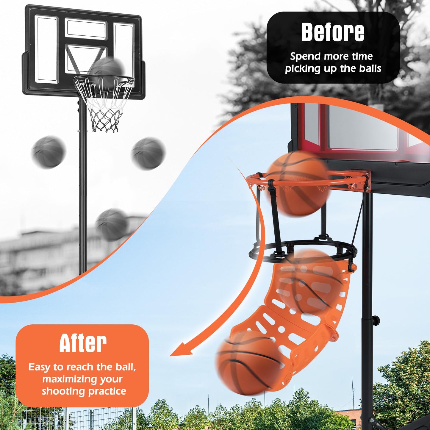 360° rotating basketball rebounder with 4 tool-free hooks
