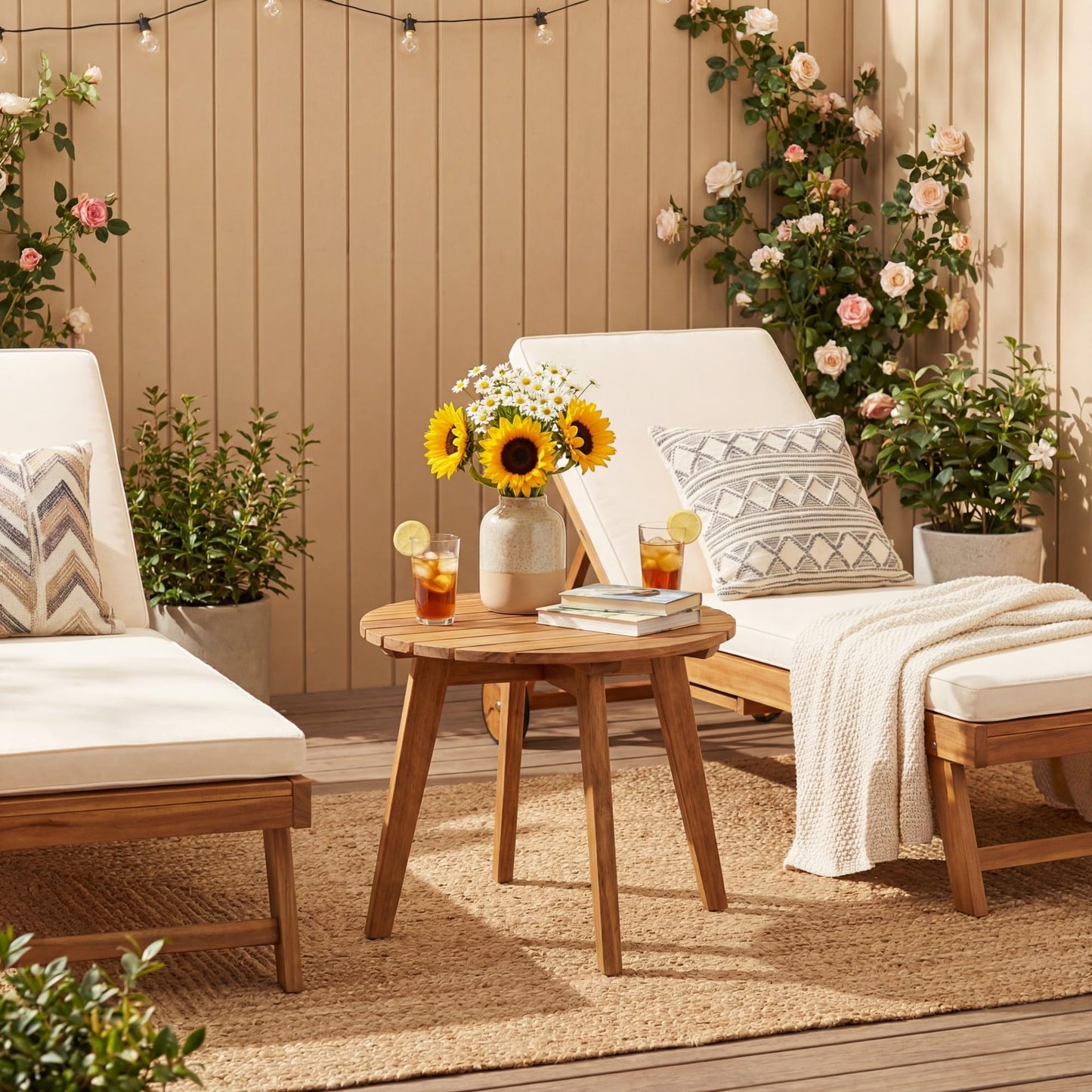 Garden Side Table, Acacia Wood Outdoor Slatted End Table