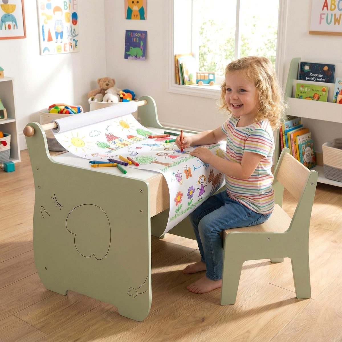 Kids Art Table and Chair Set with Paper Roll for Drawing
