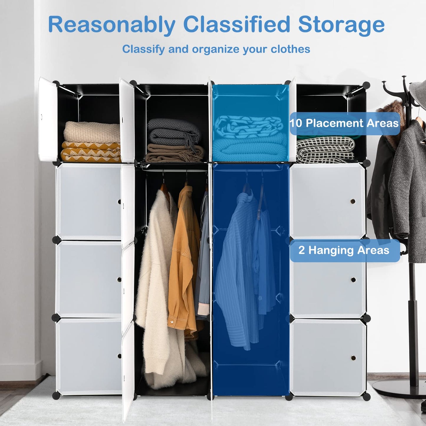 16 Cube Cabinet Storage Organizer with 2 Clothes Hanging Rails