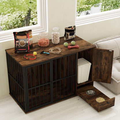 120CM Dog Crate Furniture with Hidden Pull-out Bowls in Drawer Rating: