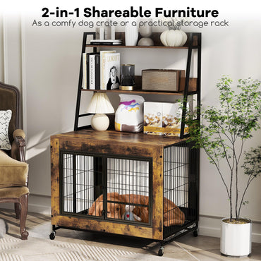 Wooden Dog Cage on Wheels with Storage Shelves