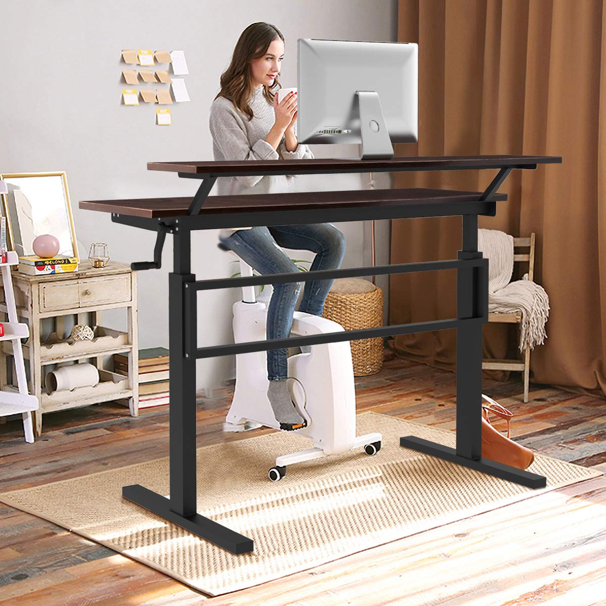 2-Tier Standing Desk with Adjustable Height and Crank Handle