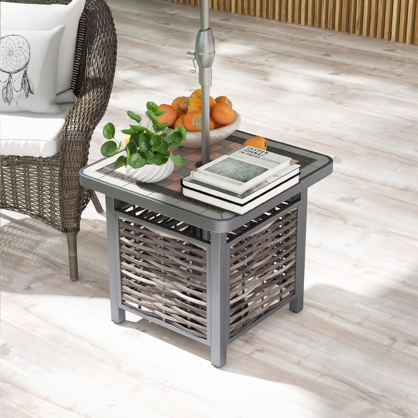 55cm All-Weather Square Patio Rattan Side Table with Umbrella Hole