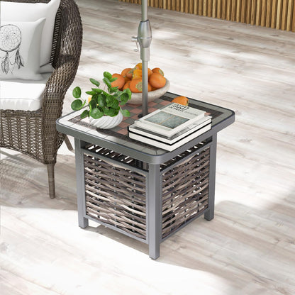 55cm All-Weather Square Patio Rattan Side Table with Umbrella Hole