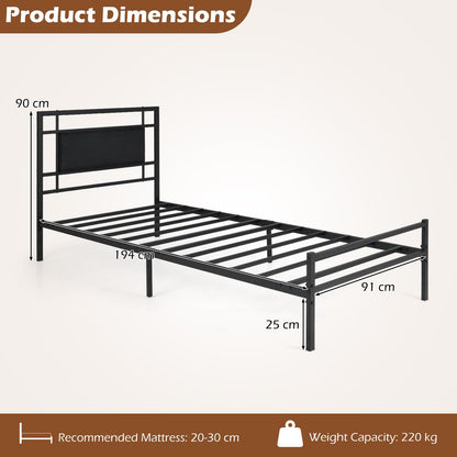 3ft Single Bed Frame, Metal Platform Bed Base with Upholstered Headboard and Underbed Storage