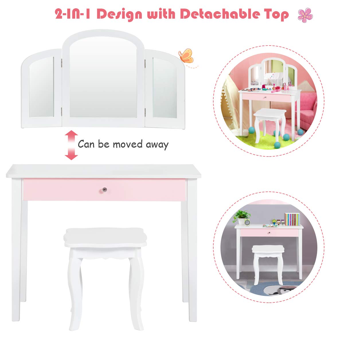 Kids Vanity Table and Stool Set Princess Makeup Dressing Table