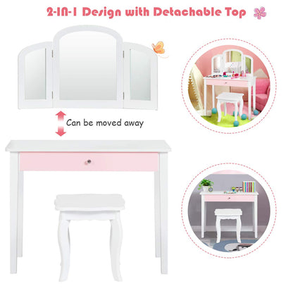 Kids Vanity Table and Stool Set Princess Makeup Dressing Table