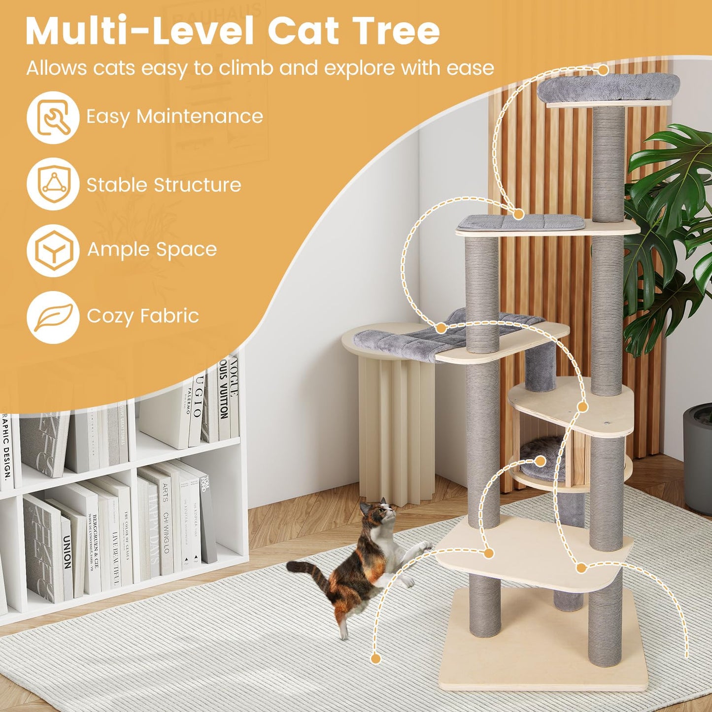 Cat Tree, Tall Multi-Layer Cats Tower with Comfy Padded Top Perch