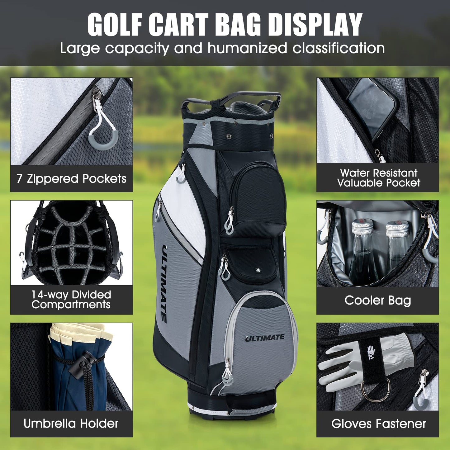 14-Way Lightweight Portable Golf Cart Bag with Cooler Bag