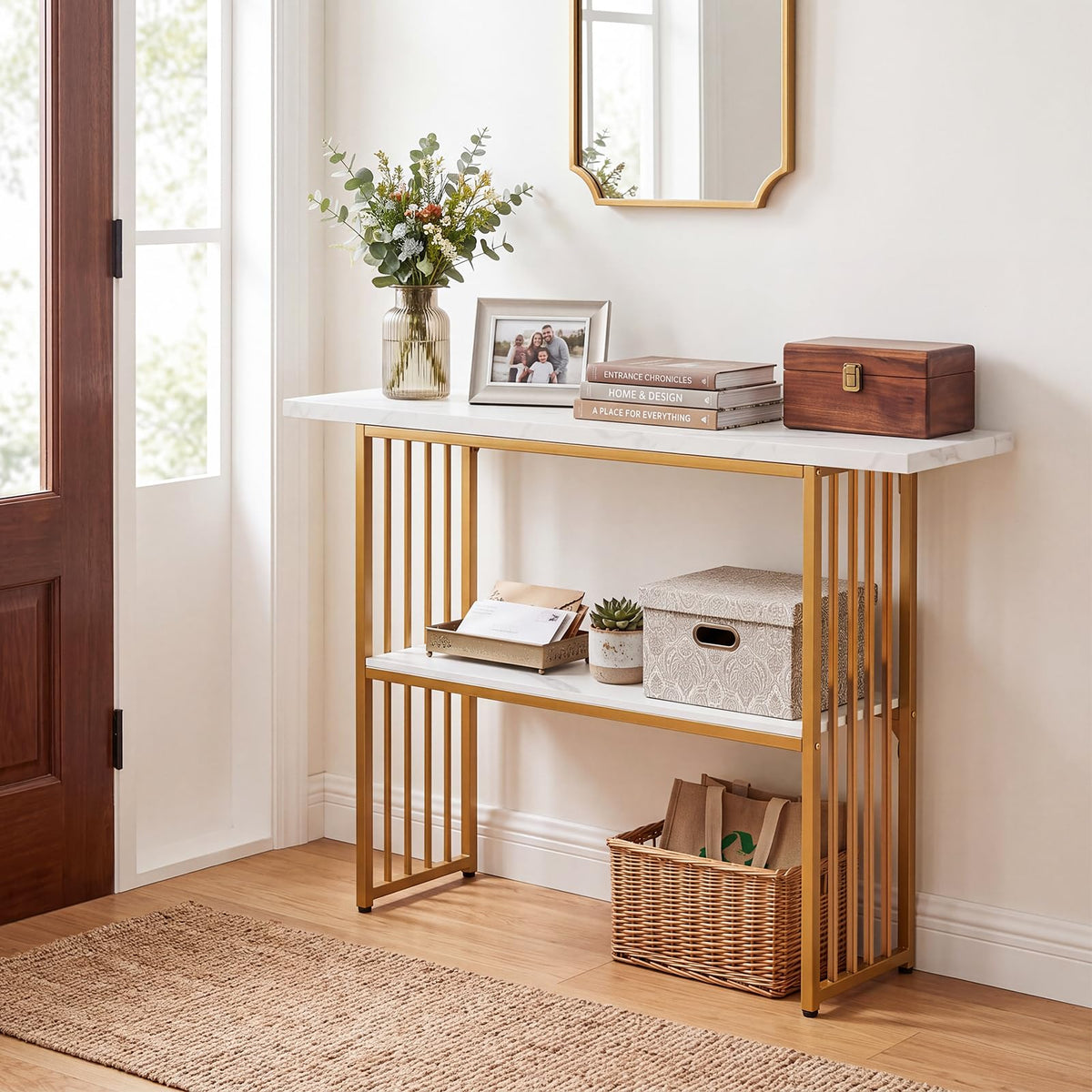 2-Tier Console Table, Faux Marble Slim Entryway Table