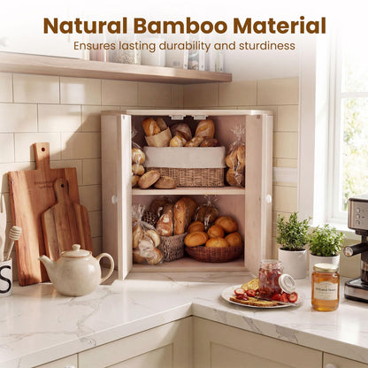 Corner Bread Box for Kitchen Counter, Bamboo Double Layer Breadbox Organizer with Adjustable Shelf