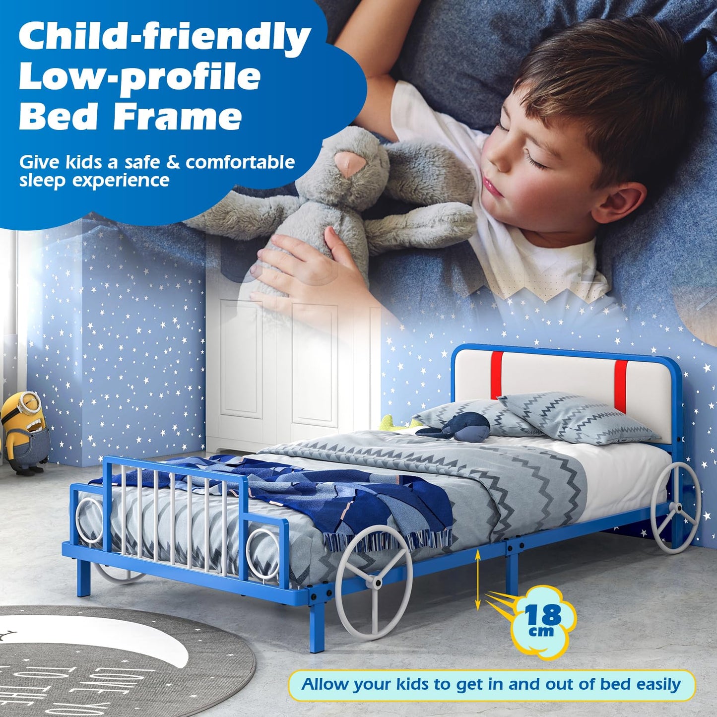 Single Size Car Shaped Kids Bed Frame with Upholstered Headboard