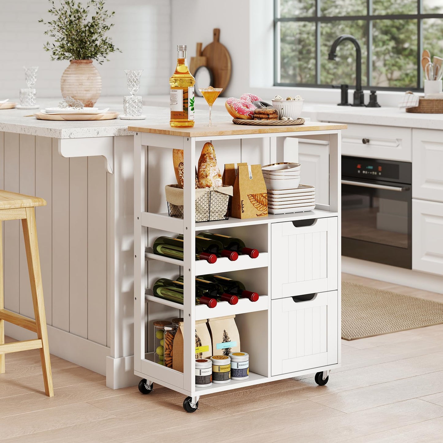 Rolling Kitchen Island Cart with Rubber Wood Top, White