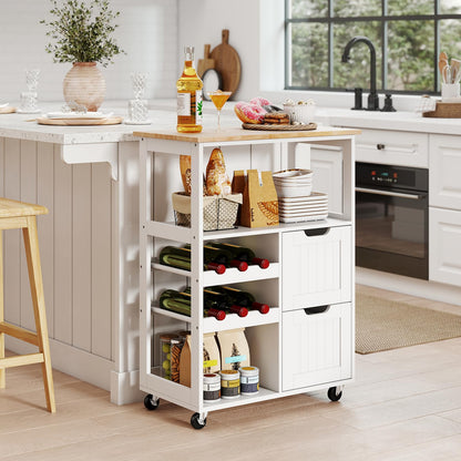 Rolling Kitchen Island Cart with Rubber Wood Top, White