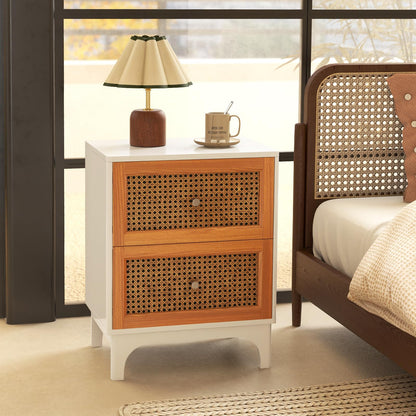 Boho Accent Table with 2 Handwoven Rattan Decorated Drawers