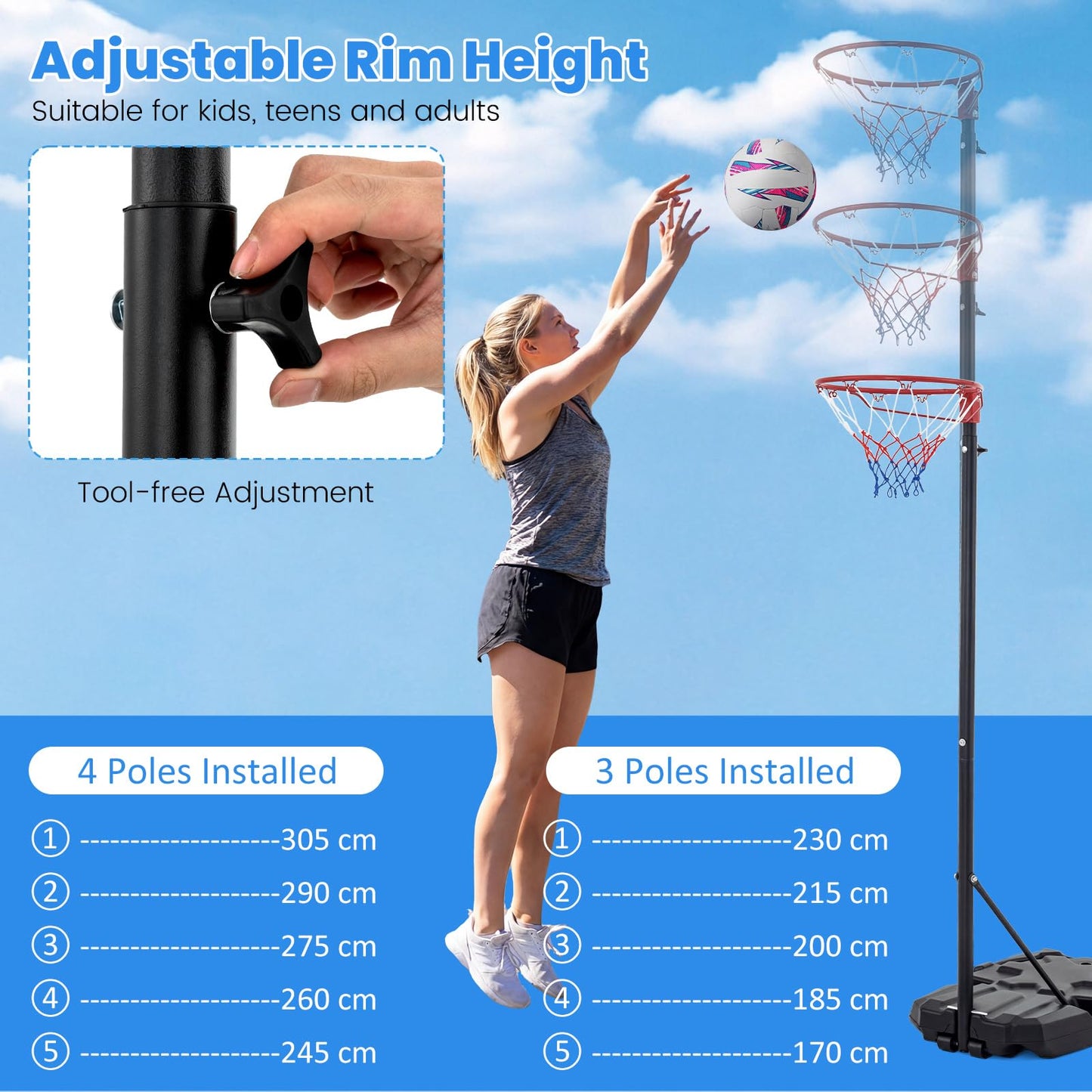 305 cm Portable Netball Post with Fillable Base and 10-Level Adjustable Height