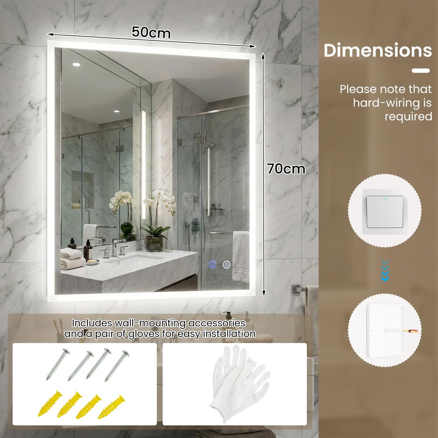 70 x 50 CM LED Bathroom Mirror with Anti-fog and Memory