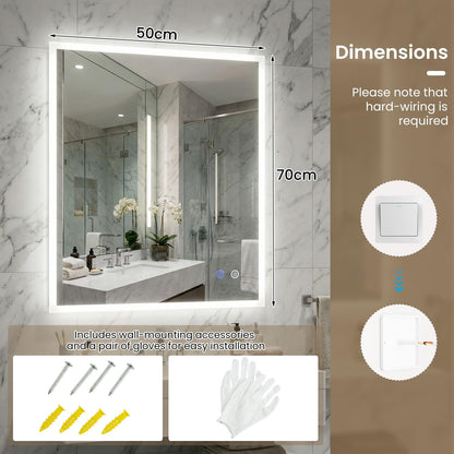 70 x 50 CM LED Bathroom Mirror with Anti-fog and Memory