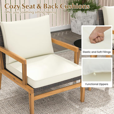 Wooden Patio Bistro Set with Soft Cushions and Tempered Glass Tabletop,
