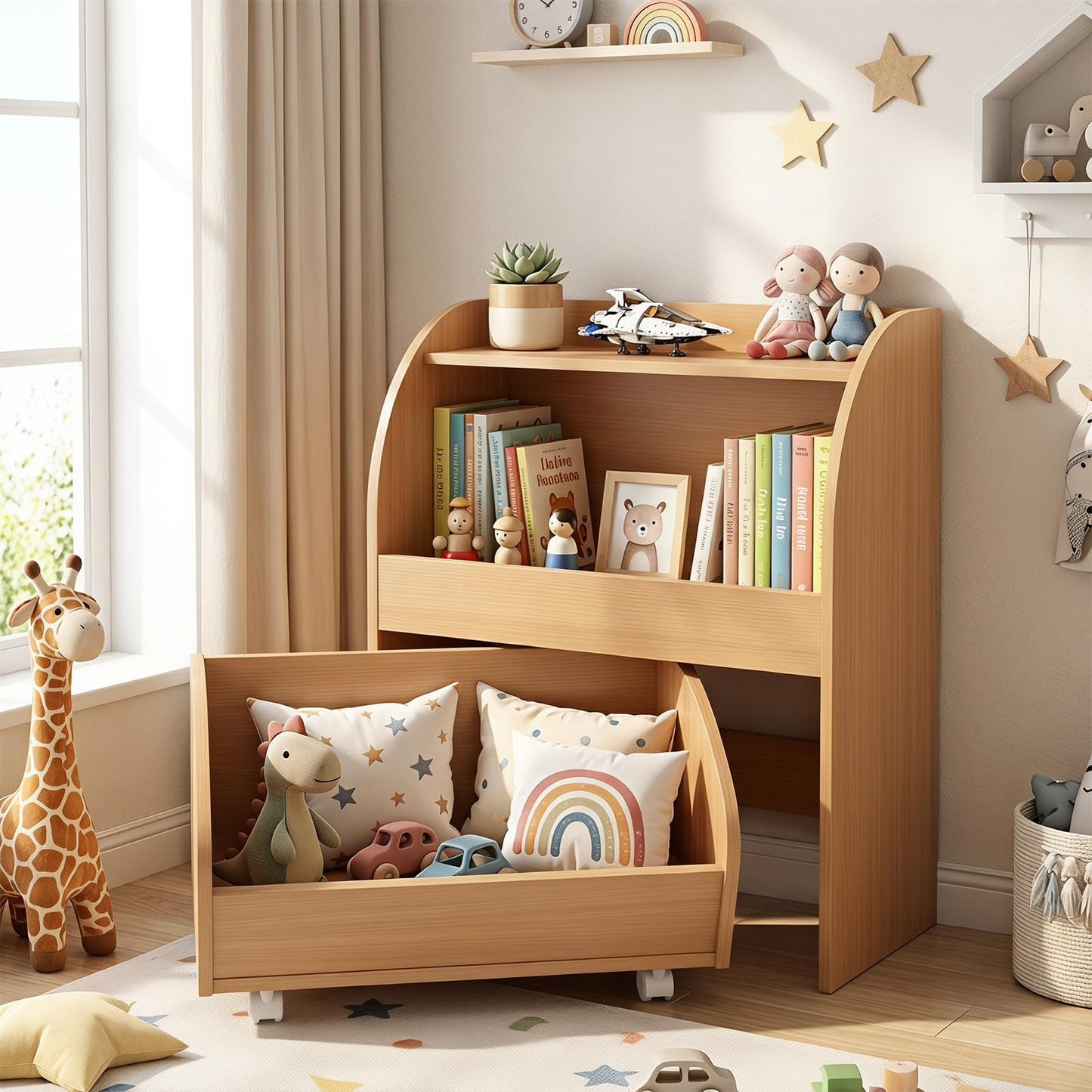 Toy Storage Organizer, Kids Bookcase with Movable Drawer