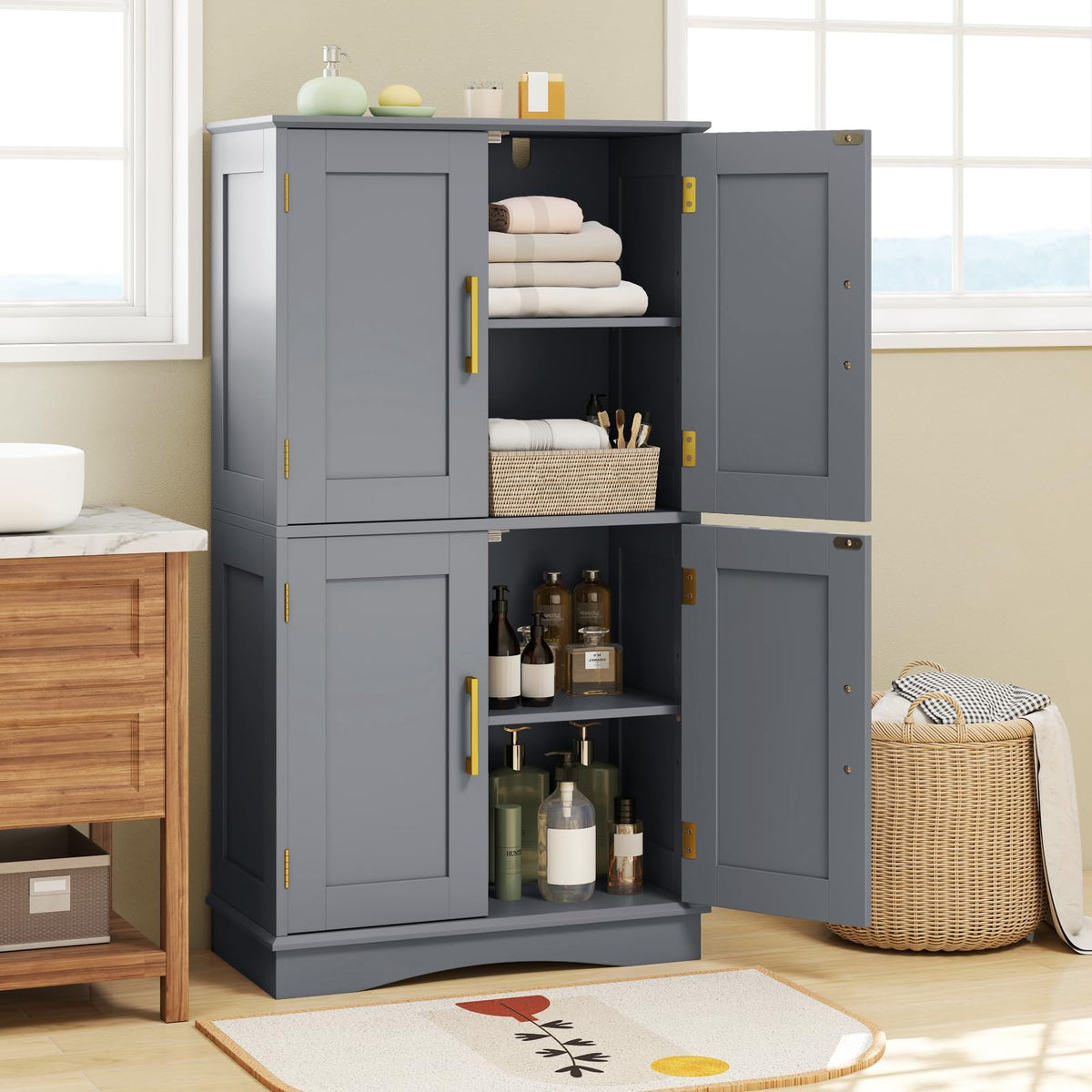 Bathroom Floor Cabinet, 110cm Freestanding Storage Cupboard