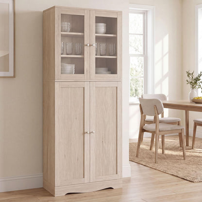 Kitchen Pantry Storage Cabinet with Glass Doors and Storage Shelves