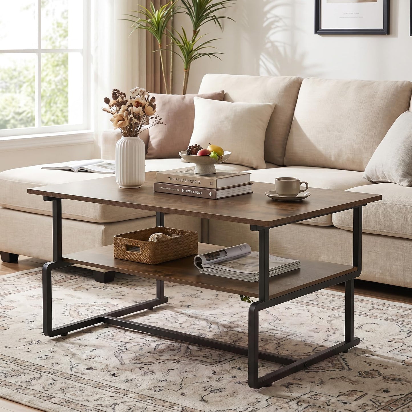 2-Tier Coffee Table, Industrial Rectangle Cocktail Center Table with Storage Shelf