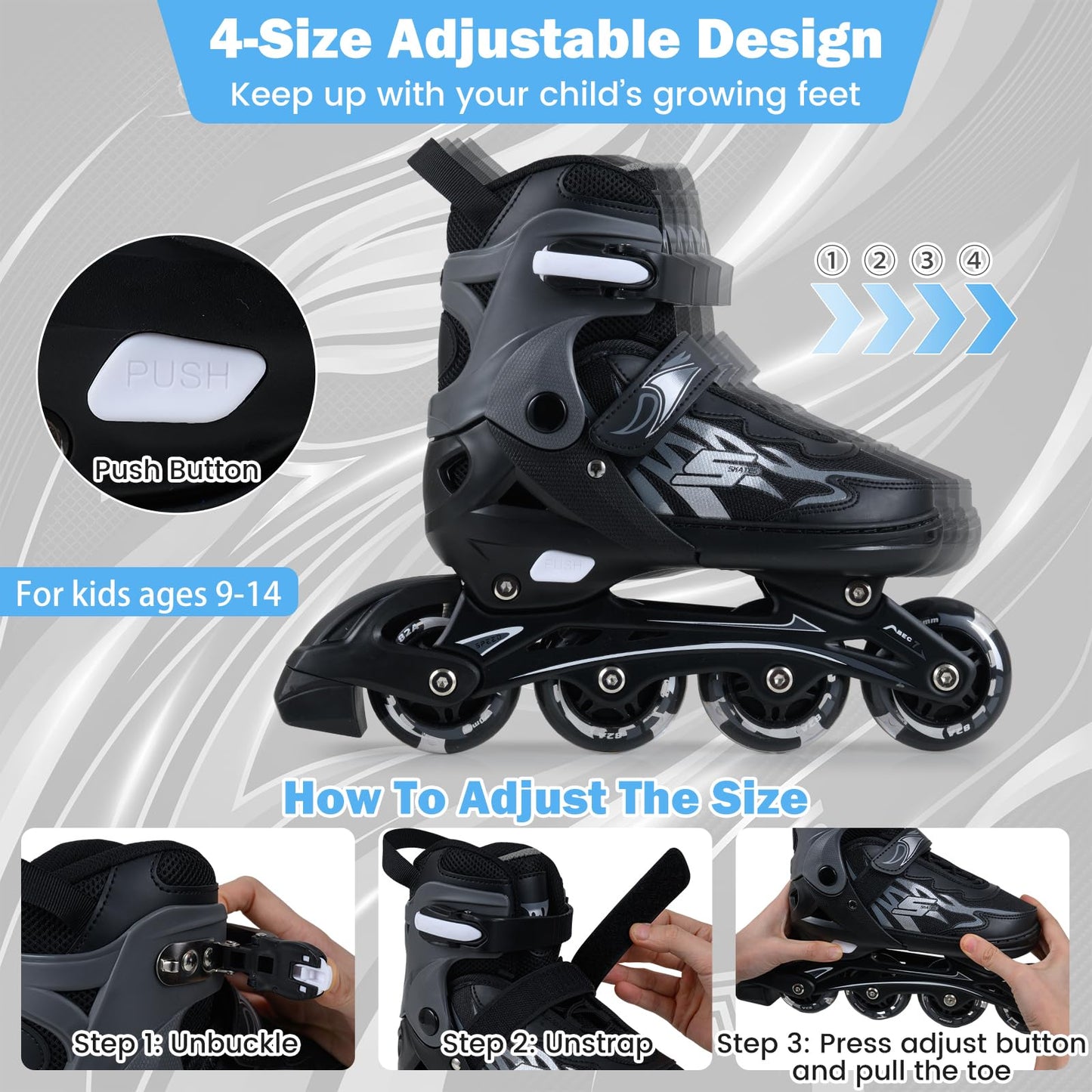 Kids Inline Skates for Boys & Girls, 4 Sizes Adjustable Blades Roller Skates