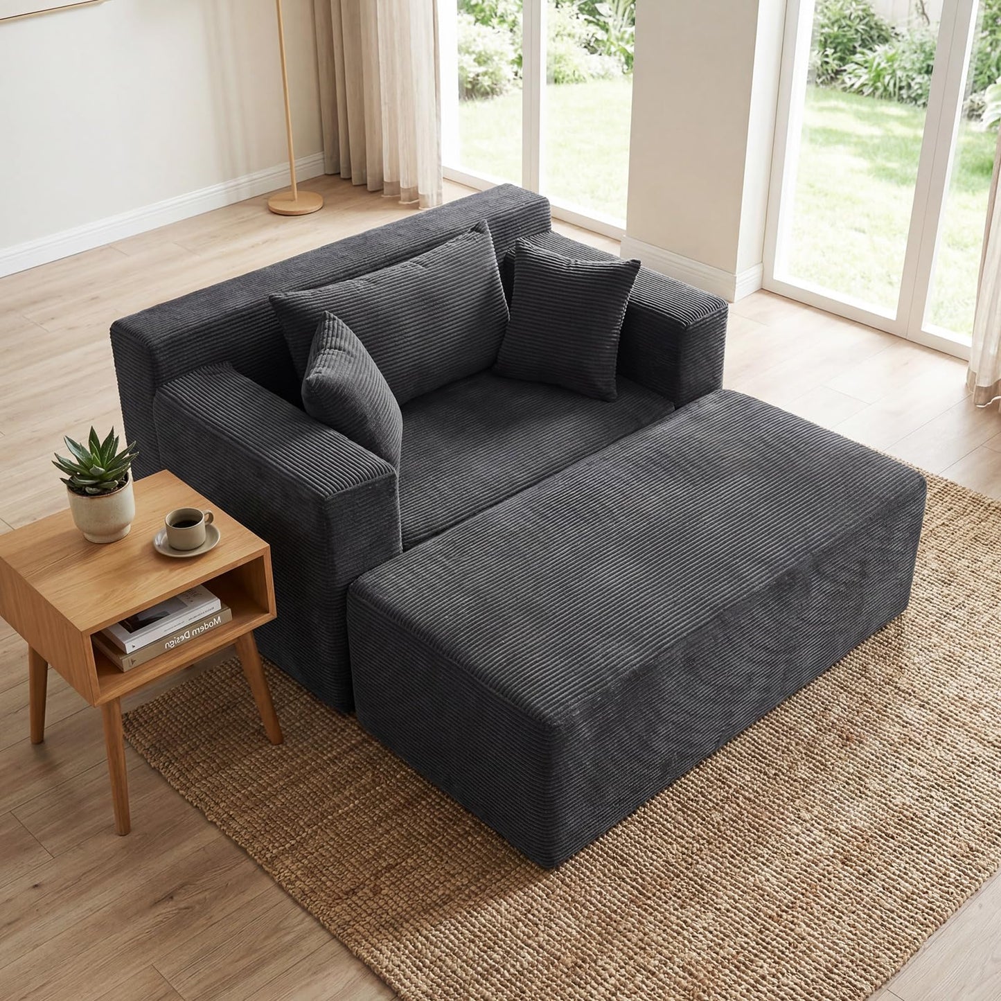Single Floor Sofa Bed with Ottoman & 3 Pillows, Corduroy Chaise Lounge Chair Boneless Couch
